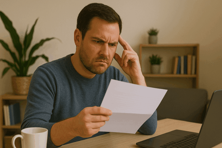 Freelancer leest geïrriteerd een brief in een thuiskantoor symbool voor juridisch conflict