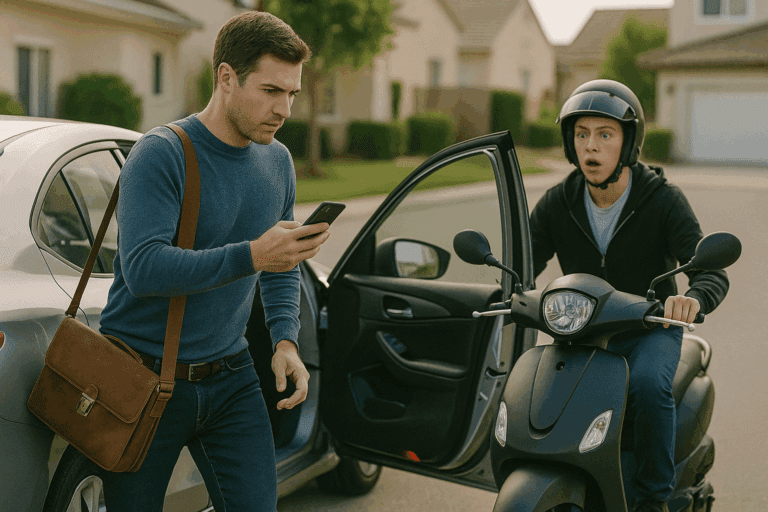 Freelancer stapt in auto met laptoptas op de achterbank symbool voor zakelijk rijden